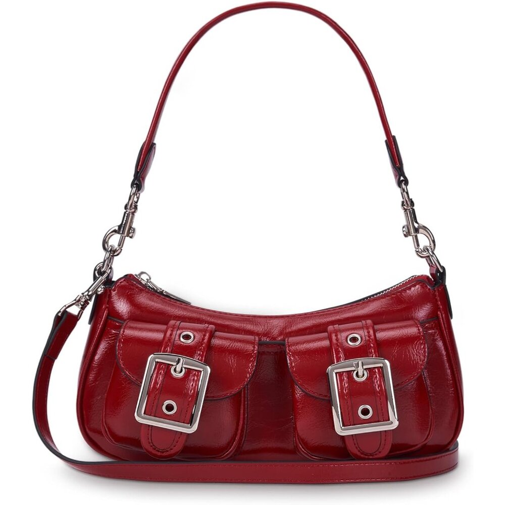 Trendy Red Faux Leather Women's Shoulder Crossbody Bag with Pockets and Zipper C